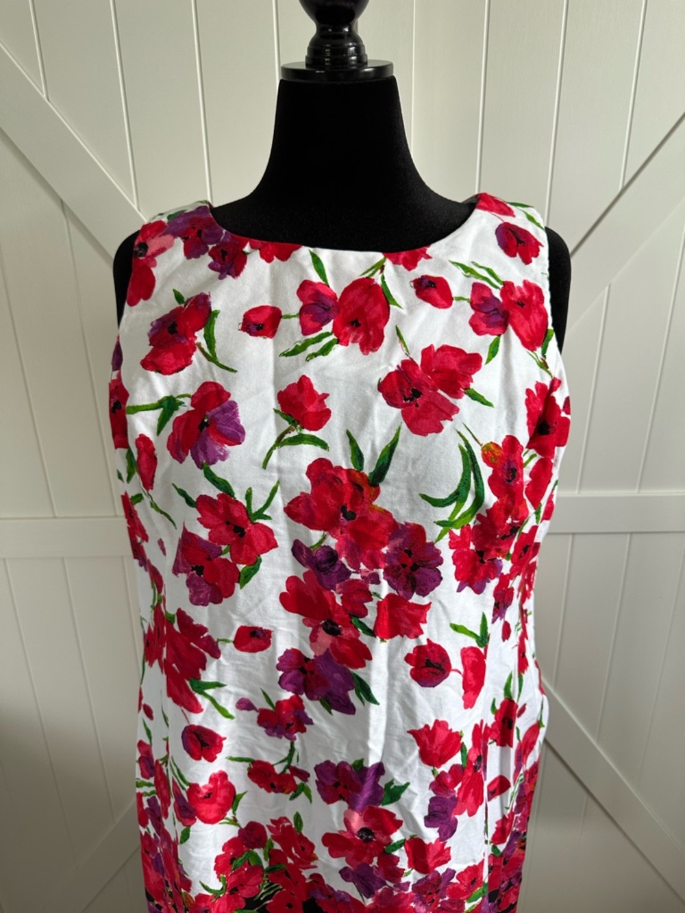 Chaps Floral Sheath Dress 18W White Red Sleeveless Stretch Plus Size Cottagecore - Picture 2 of 6